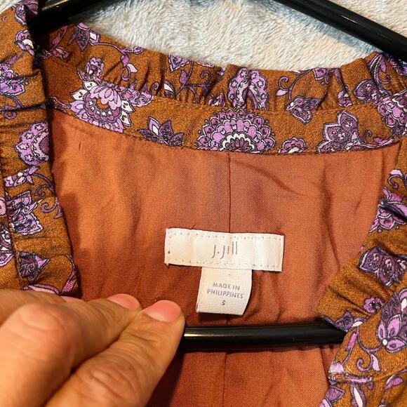 J.Jill Split Neck Tiered Maxi Bronze Purple‎ Paisley Size Small Oversized Boho - Picture 6 of 7